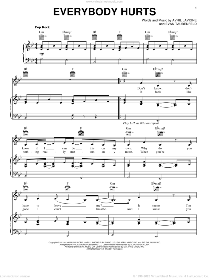 Everybody Hurts sheet music for voice, piano or guitar by Avril Lavigne and Evan Taubenfeld, intermediate skill level