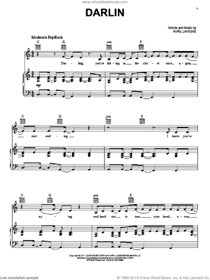Darlin sheet music for voice, piano or guitar by Avril Lavigne, intermediate skill level