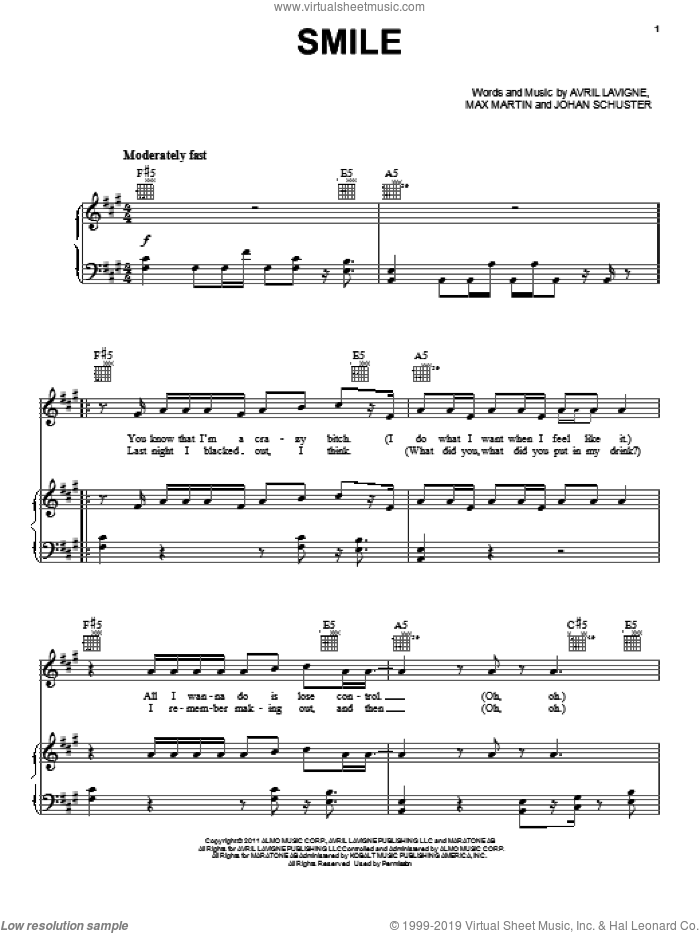 Smile sheet music for voice, piano or guitar by Avril Lavigne, Johan Schuster and Max Martin, intermediate skill level