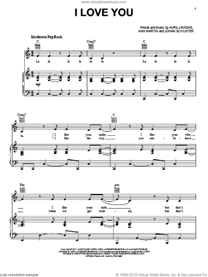 I Love You sheet music for voice, piano or guitar by Avril Lavigne, Johan Schuster and Max Martin, intermediate skill level