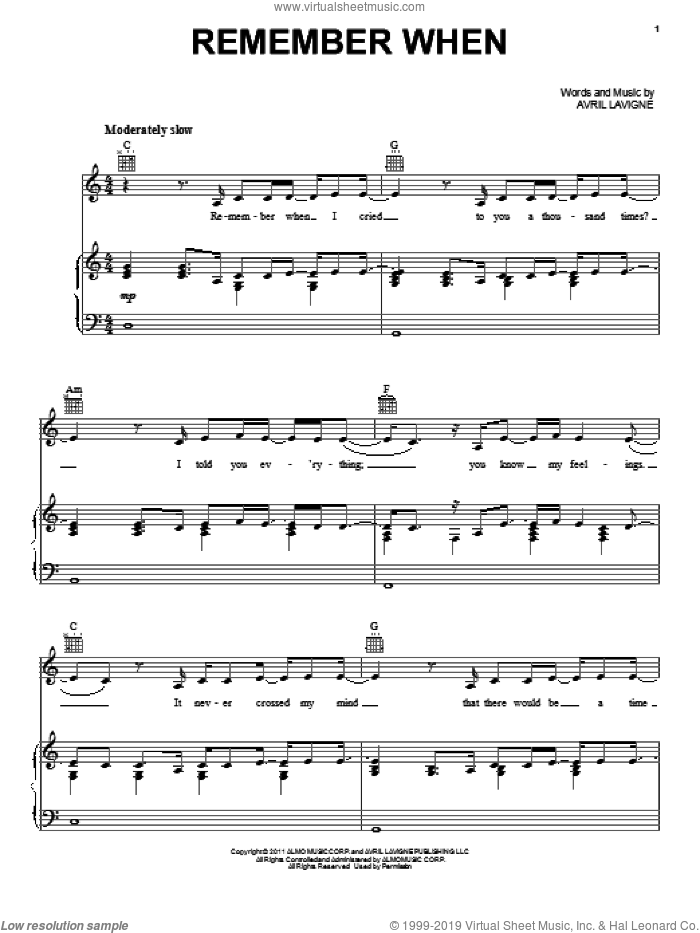 Remember When sheet music for voice, piano or guitar by Avril Lavigne, intermediate skill level