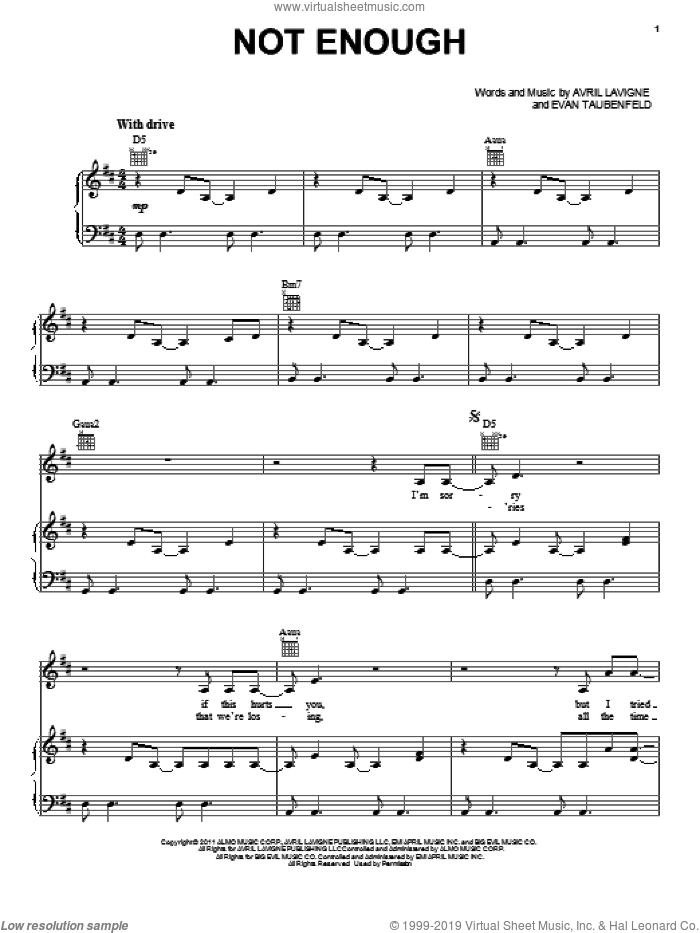 Not Enough sheet music for voice, piano or guitar by Avril Lavigne and Evan Taubenfeld, intermediate skill level