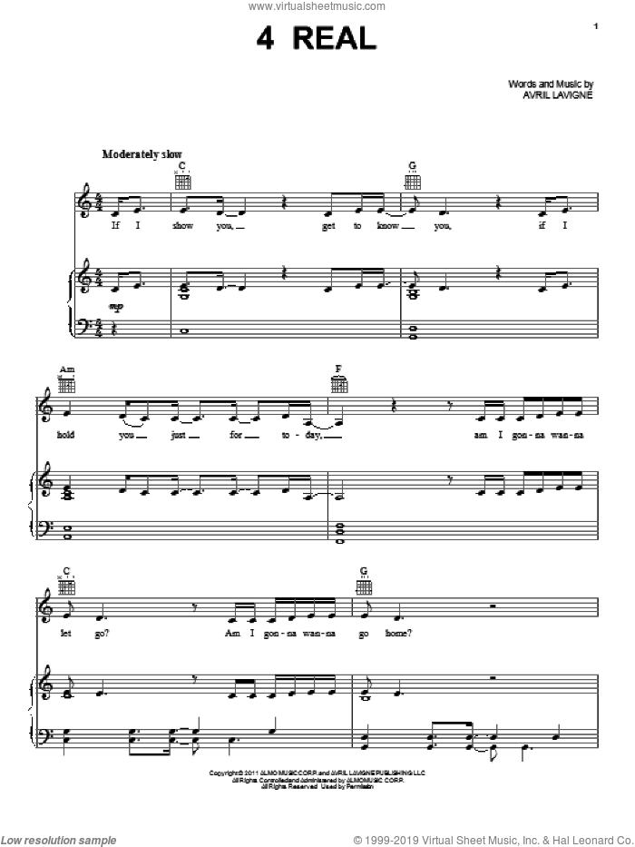 4 Real sheet music for voice, piano or guitar by Avril Lavigne, intermediate skill level