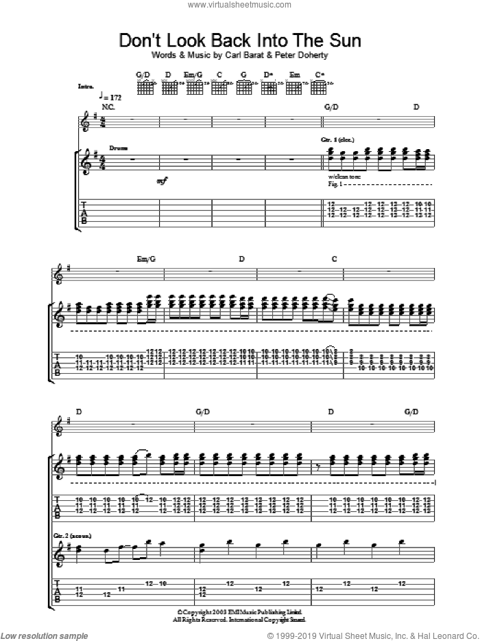 Don't Look Back Into The Sun sheet music for guitar (tablature) by Pete Doherty, The Libertines and Carl Barat, intermediate skill level