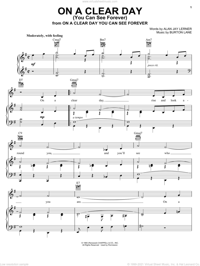 On A Clear Day (You Can See Forever) sheet music for voice, piano or guitar by Frank Sinatra, Alan Jay Lerner and Burton Lane, intermediate skill level
