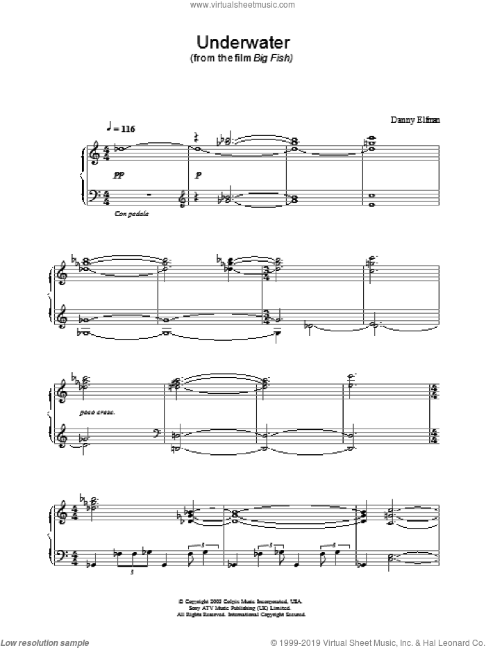Underwater sheet music for piano solo by Big Fish and Danny Elfman, intermediate skill level