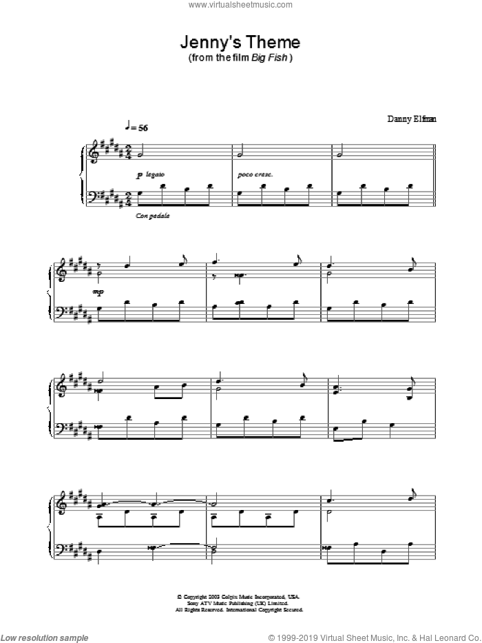 Jenny's Theme sheet music for piano solo by Big Fish and Danny Elfman, intermediate skill level