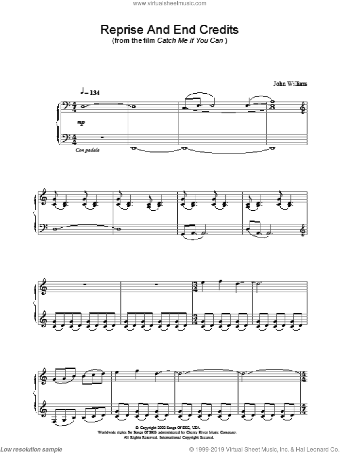 Reprise And End Credits (from Catch Me If You Can) sheet music for piano solo by John Williams, intermediate skill level