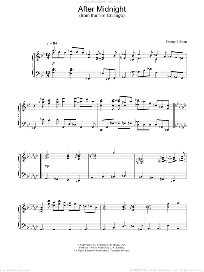 After Midnight sheet music for piano solo by Danny Elfman, intermediate skill level