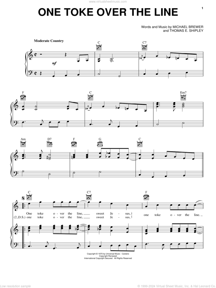 One Toke Over The Line sheet music for voice, piano or guitar by Brewer & Shipley, Michael Brewer and Thomas E. Shipley, intermediate skill level