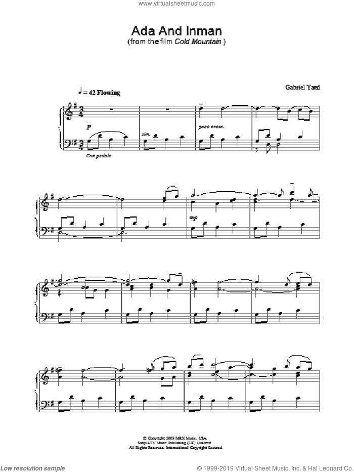 Ada And Inman sheet music for piano solo by Gabriel Yared and Cold Mountain (Movie), intermediate skill level