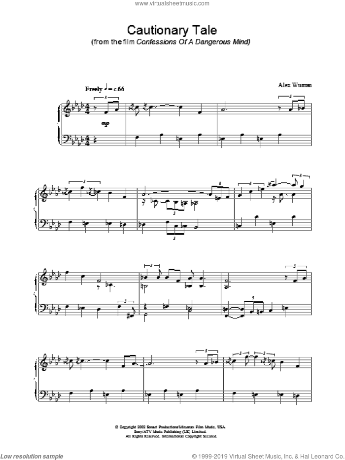 Cautionary Tale sheet music for piano solo by Confessions Of A Dangerous Mind and Alex Wurman, intermediate skill level