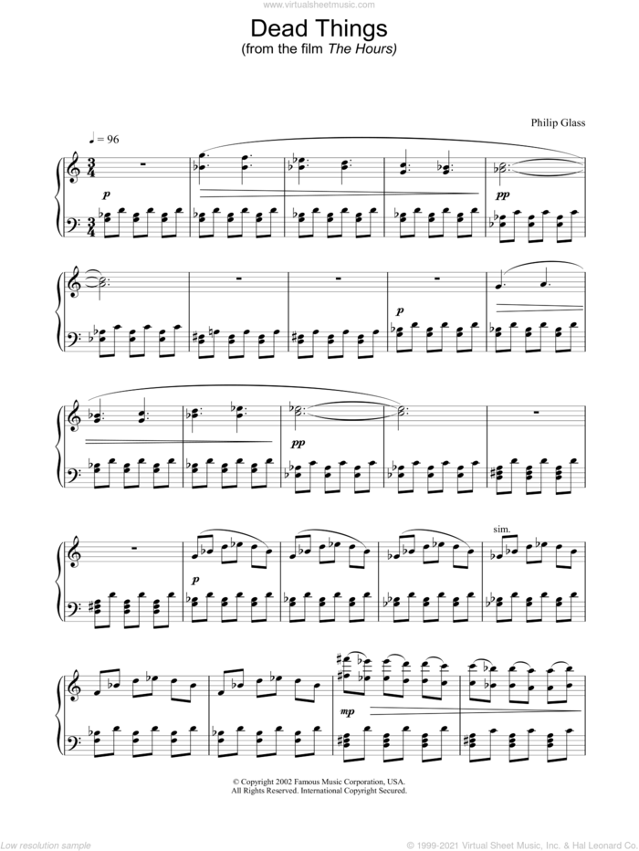 Dead Things sheet music for piano solo by The Hours and Philip Glass, intermediate skill level