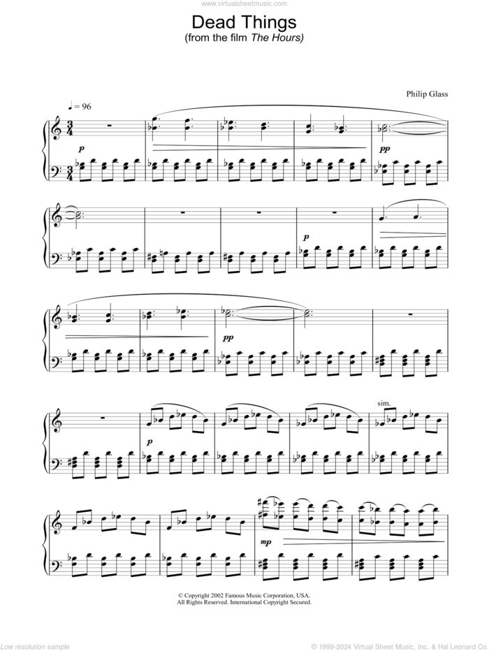 Dead Things sheet music for piano solo by The Hours and Philip Glass, intermediate skill level