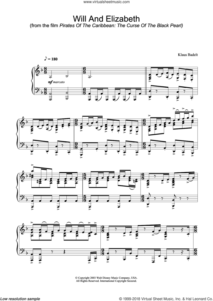 Will And Elizabeth sheet music for piano solo by Klaus Badelt, intermediate skill level