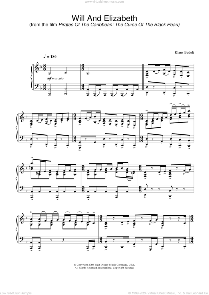 Will And Elizabeth sheet music for piano solo by Klaus Badelt, intermediate skill level