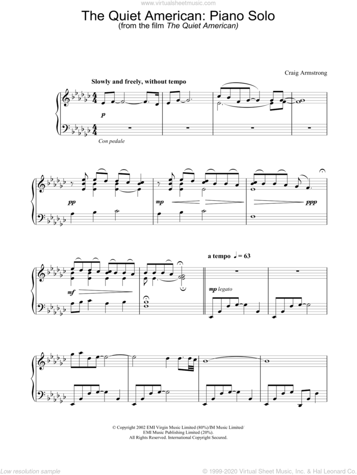 The Quiet American: Piano Solo sheet music for piano solo by The Quiet American and Craig Armstrong, intermediate skill level