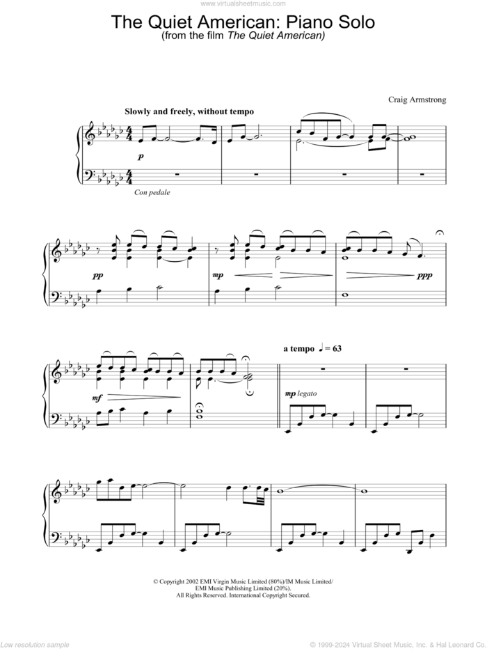 The Quiet American: Piano Solo sheet music for piano solo by The Quiet American and Craig Armstrong, intermediate skill level