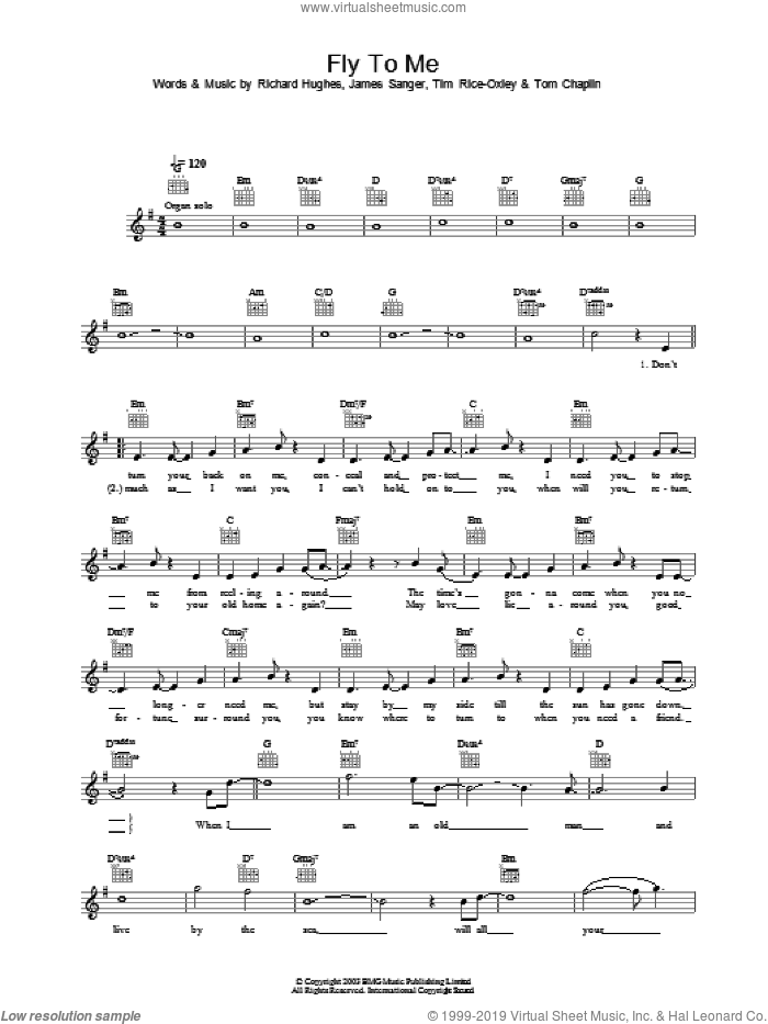 Fly To Me sheet music for voice and other instruments (fake book) by Tim Rice-Oxley, James Sanger and Richard Hughes, intermediate skill level