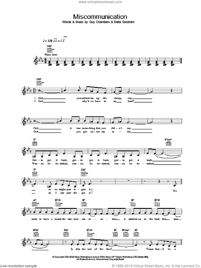 Miscommunication sheet music for voice and other instruments (fake book) by Delta Goodrem and Guy Chambers, intermediate skill level