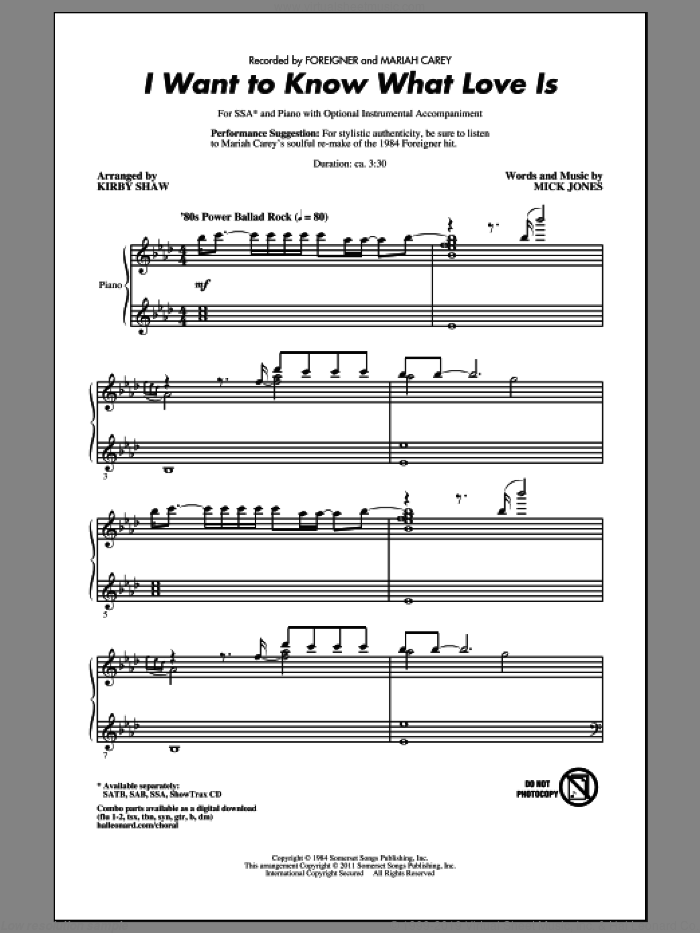 I Want To Know What Love Is sheet music for choir (SSA: soprano, alto) by Mick Jones, Foreigner, Kirby Shaw and Mariah Carey, intermediate skill level