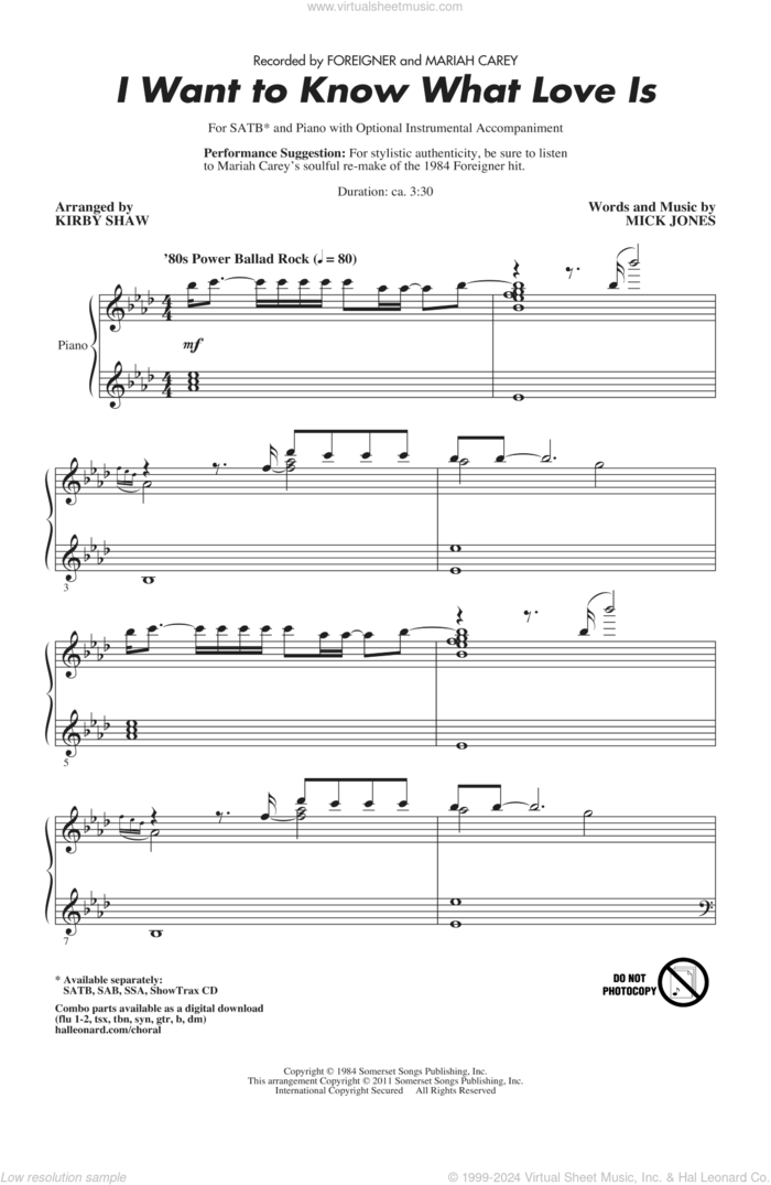 I Want To Know What Love Is sheet music for choir (SATB: soprano, alto, tenor, bass) by Kirby Shaw, Mick Jones, Foreigner and Mariah Carey, intermediate skill level