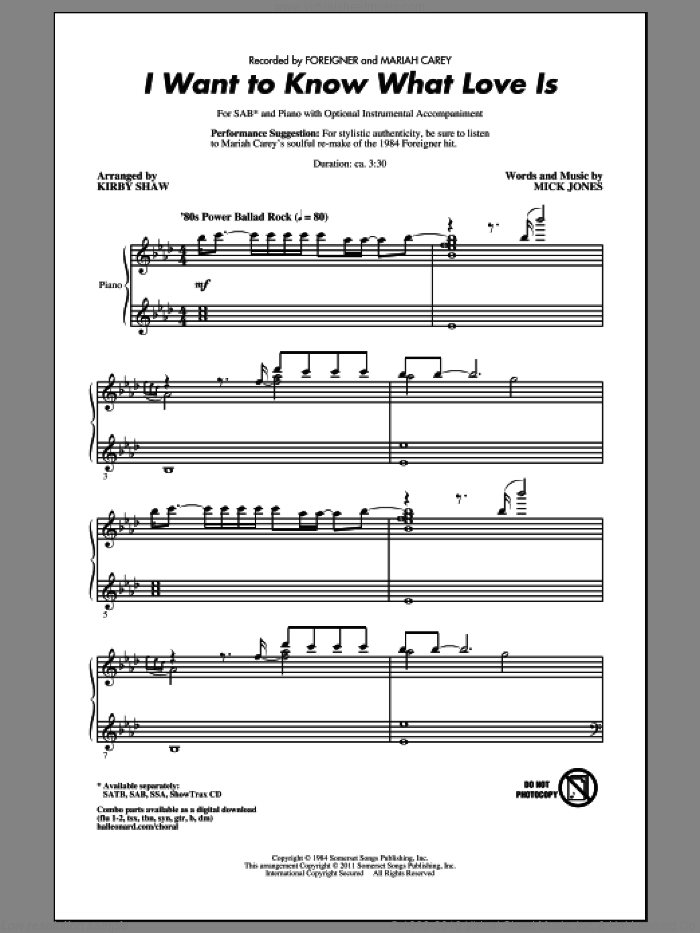 I Want To Know What Love Is sheet music for choir (SAB: soprano, alto, bass) by Kirby Shaw, Mick Jones, Foreigner and Mariah Carey, intermediate skill level