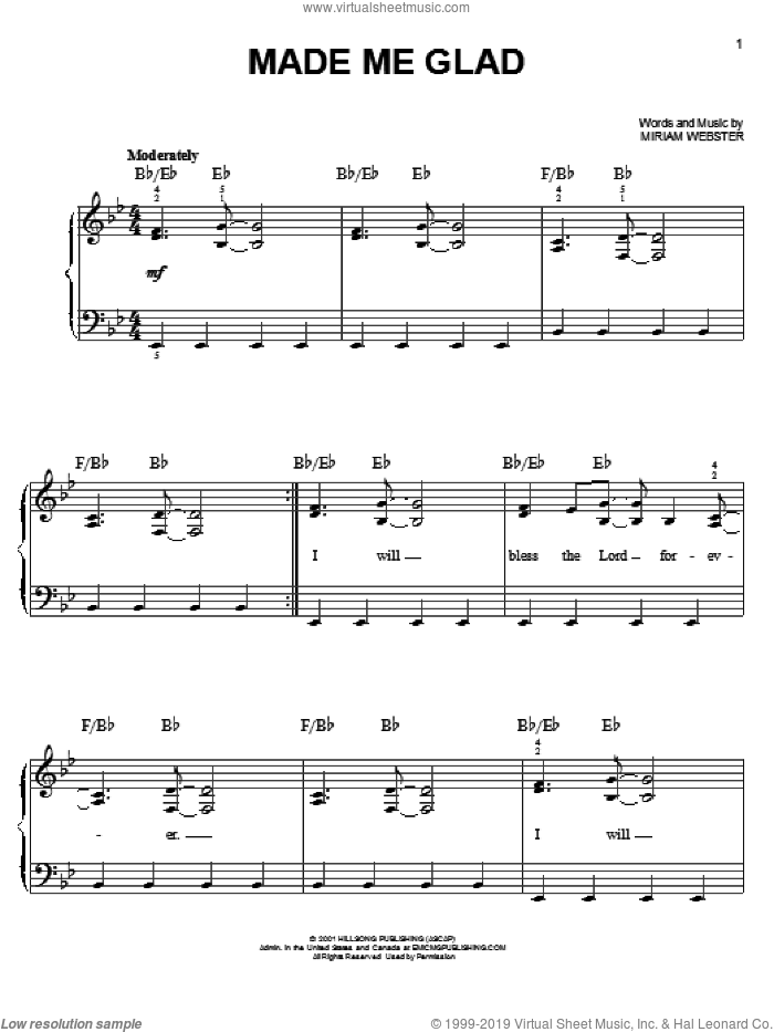 Made Me Glad sheet music for piano solo by Miriam Webster and Hillsong Worship, easy skill level