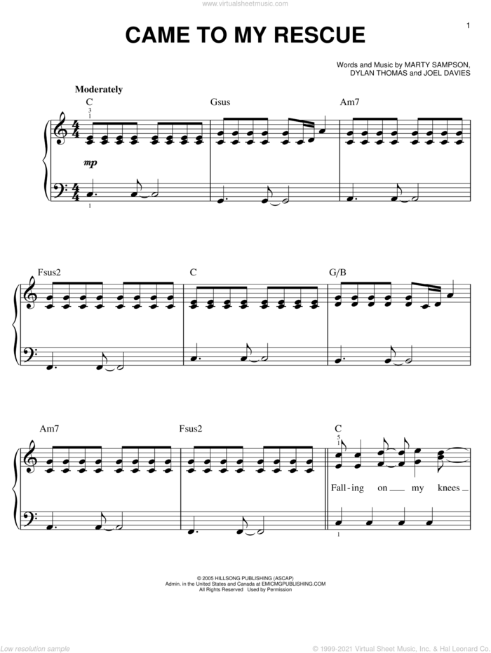 Came To My Rescue, (easy) sheet music for piano solo by Hillsong United, Dylan Thomas, Joel Davies and Marty Sampson, easy skill level