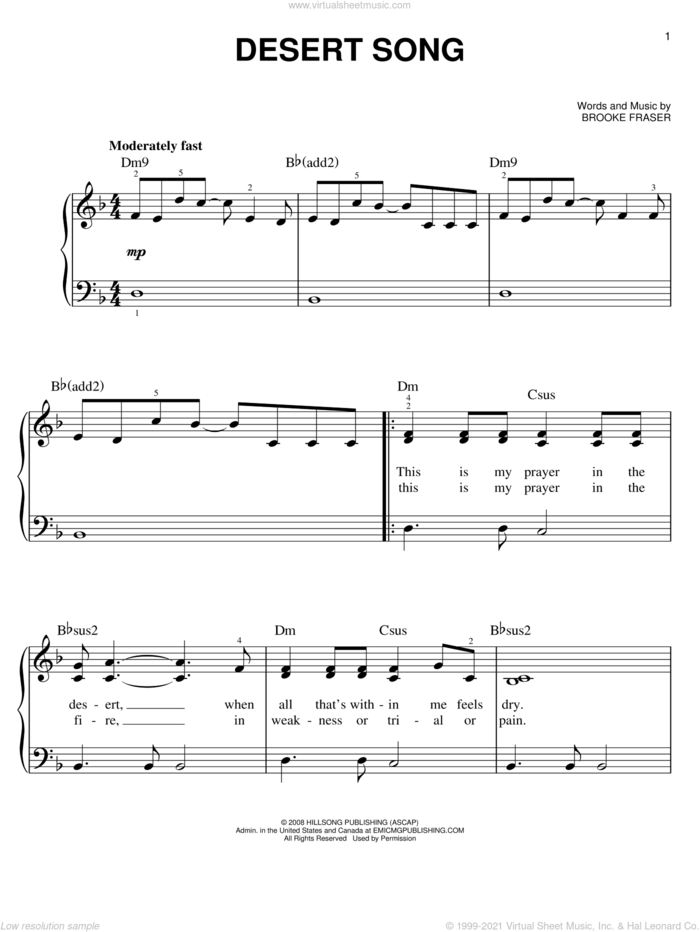 Desert Song sheet music for piano solo by Hillsong Worship and Brooke Fraser, easy skill level