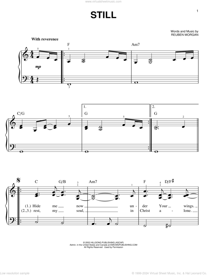 Still sheet music for piano solo by Reuben Morgan and Hillsong Worship, easy skill level