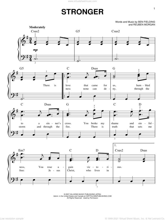 Stronger sheet music for piano solo by Hillsong Worship, Ben Fielding and Reuben Morgan, easy skill level