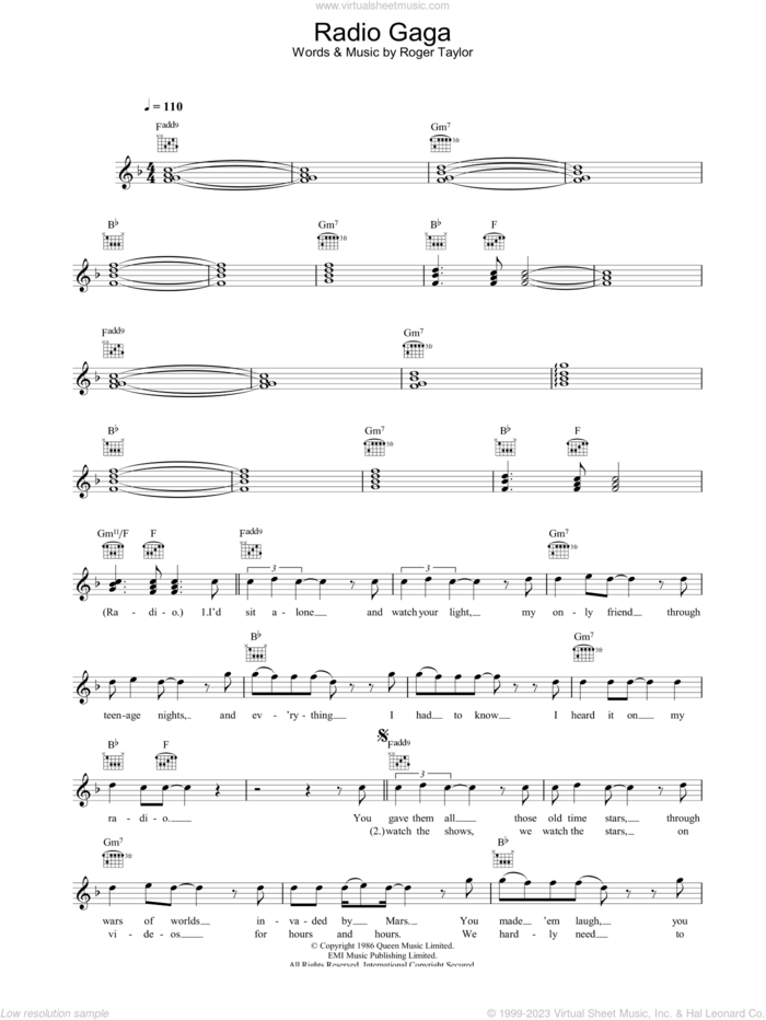 Radio Ga Ga sheet music for voice and other instruments (fake book) by Queen and Roger Taylor, intermediate skill level
