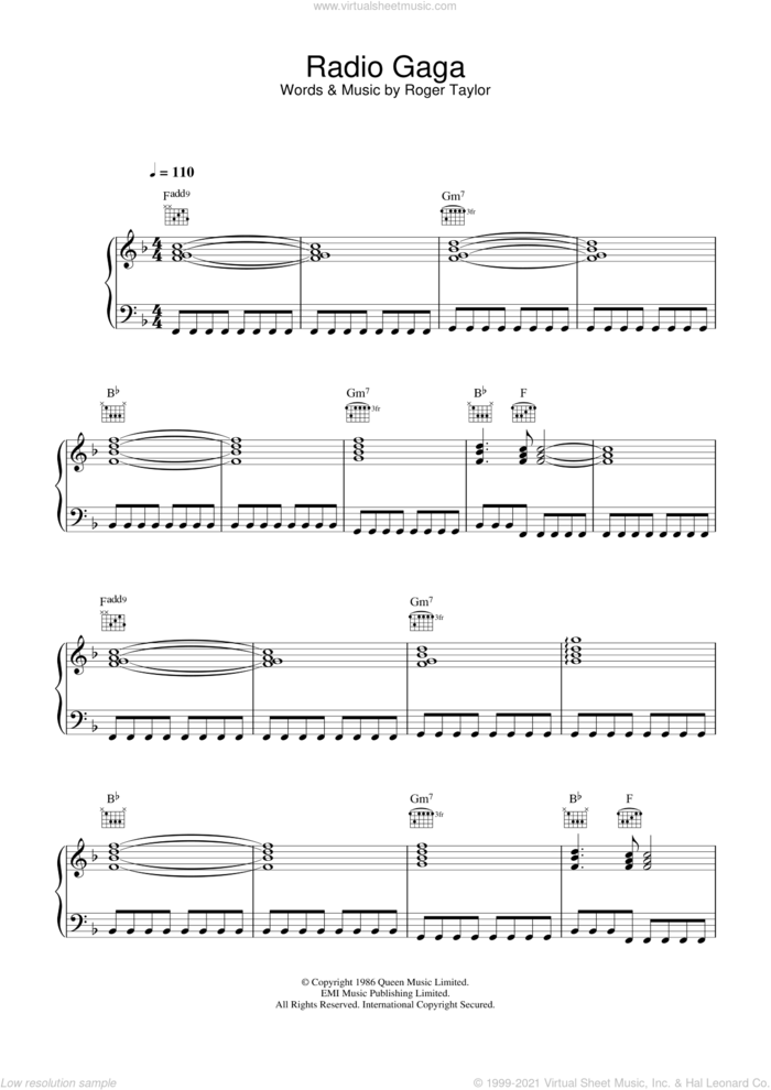Radio Ga Ga sheet music for voice, piano or guitar by Queen and Roger Taylor, intermediate skill level