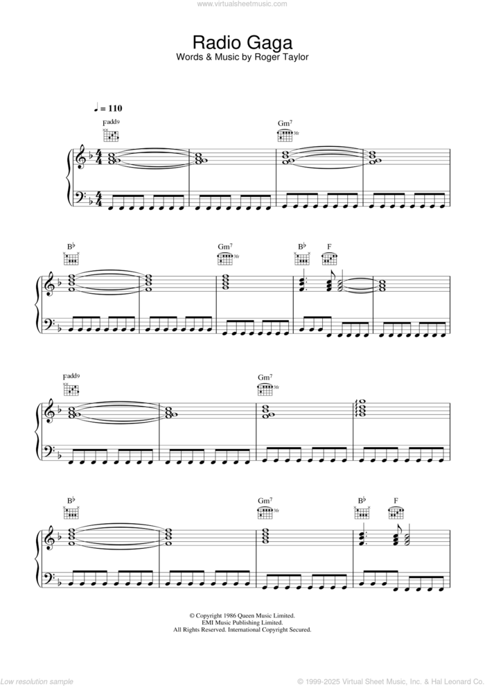 Radio Ga Ga sheet music for voice, piano or guitar by Queen and Roger Taylor, intermediate skill level