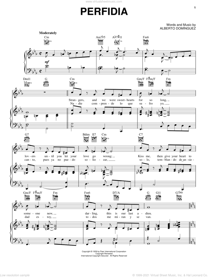 Perfidia sheet music for voice, piano or guitar by Alberto Dominguez, intermediate skill level
