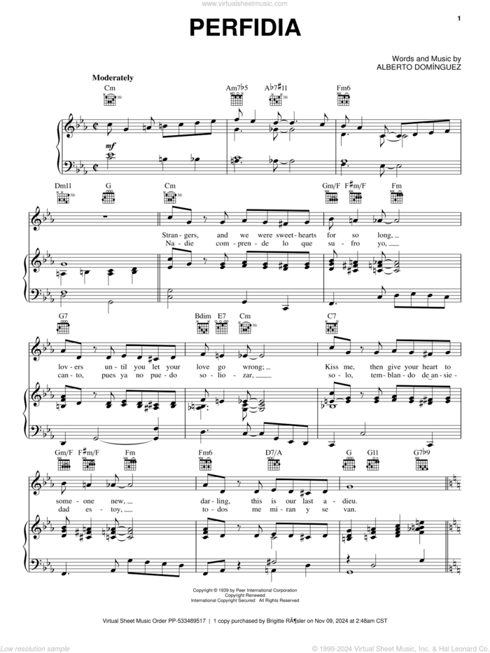 Perfidia sheet music for voice, piano or guitar by Alberto Dominguez, intermediate skill level