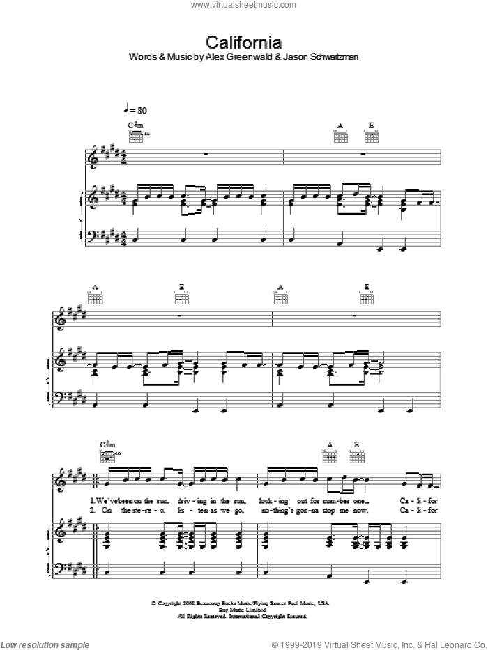 California (theme from The OC) sheet music for voice, piano or guitar by Alex Greenwald, Phantom Planet and Jason Schwartzman, intermediate skill level