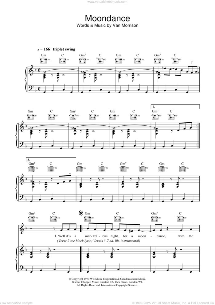 Moondance sheet music for voice, piano or guitar by Van Morrison, intermediate skill level