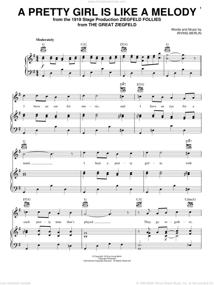 A Pretty Girl Is Like A Melody sheet music for voice, piano or guitar by Irving Berlin, intermediate skill level