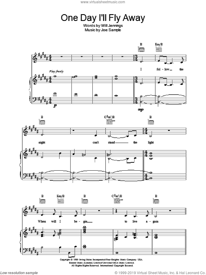 One Day I'll Fly Away (from Moulin Rouge) sheet music for voice, piano or guitar by Will Jennings, Moulin Rouge (Movie), Nicole Kidman and Joe Sample, intermediate skill level