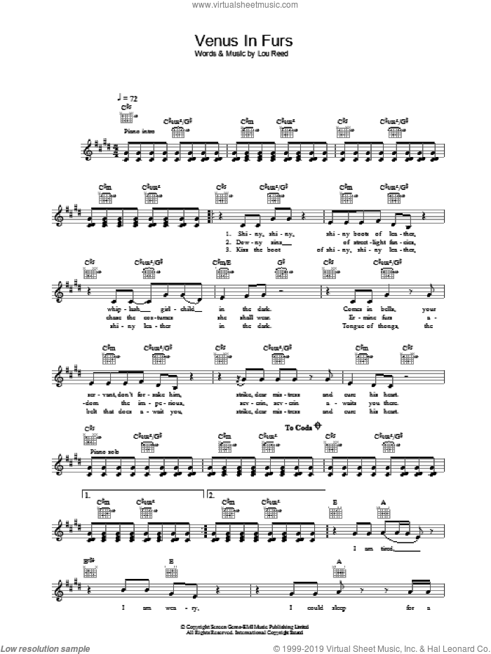 Venus In Furs sheet music for voice and other instruments (fake book) by The Velvet Underground and Lou Reed, intermediate skill level