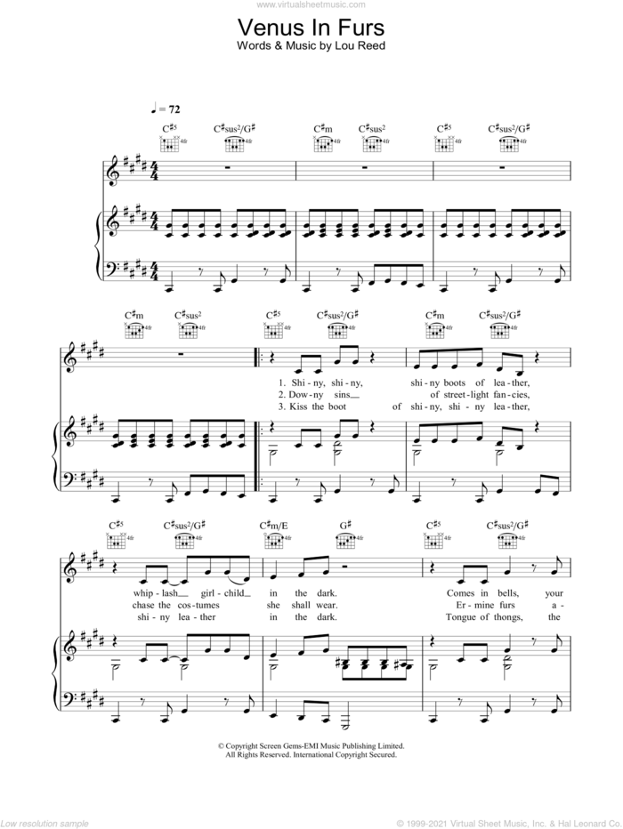Venus In Furs sheet music for voice, piano or guitar by The Velvet Underground and Lou Reed, intermediate skill level