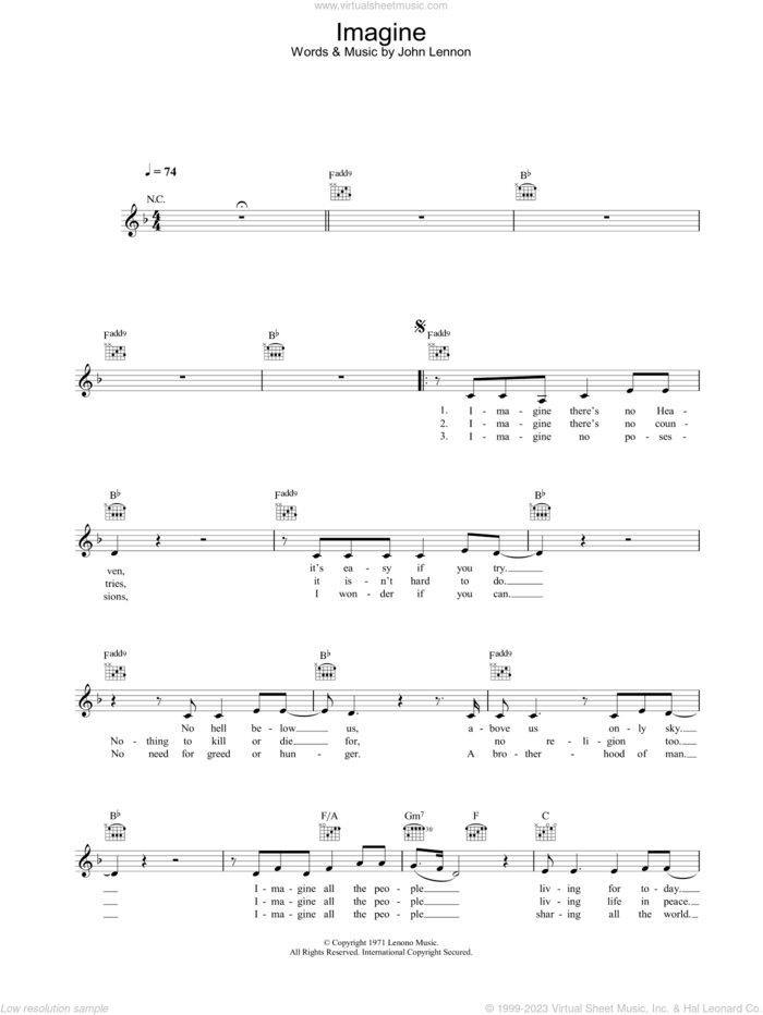 Imagine sheet music for voice and other instruments (fake book) by Alex Parks and John Lennon, intermediate skill level