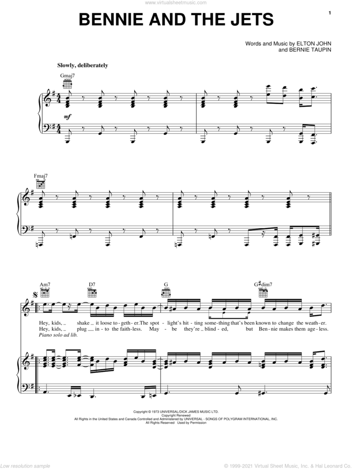 Bennie And The Jets sheet music for voice, piano or guitar by Elton John and Bernie Taupin, intermediate skill level