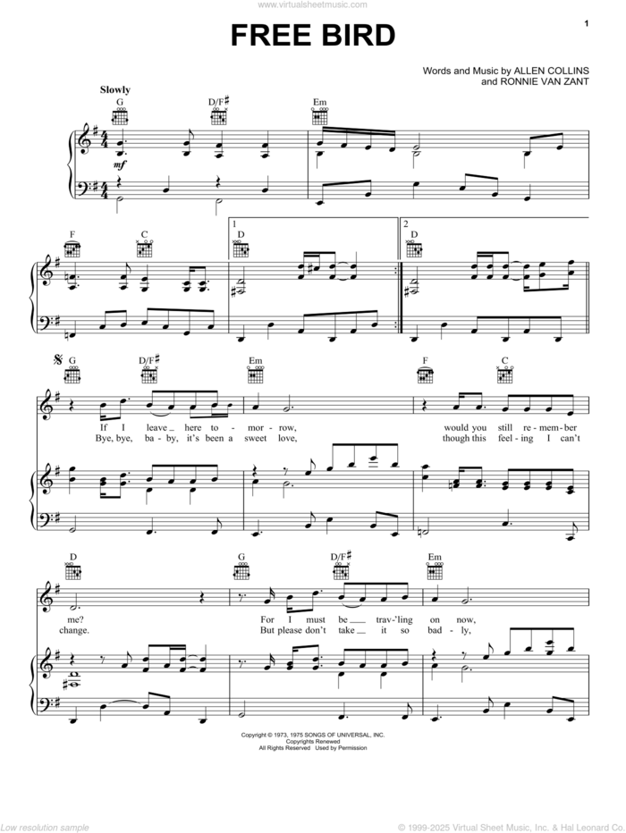 Free Bird sheet music for voice, piano or guitar by Lynyrd Skynyrd, Allen Collins and Ronnie Van Zant, intermediate skill level