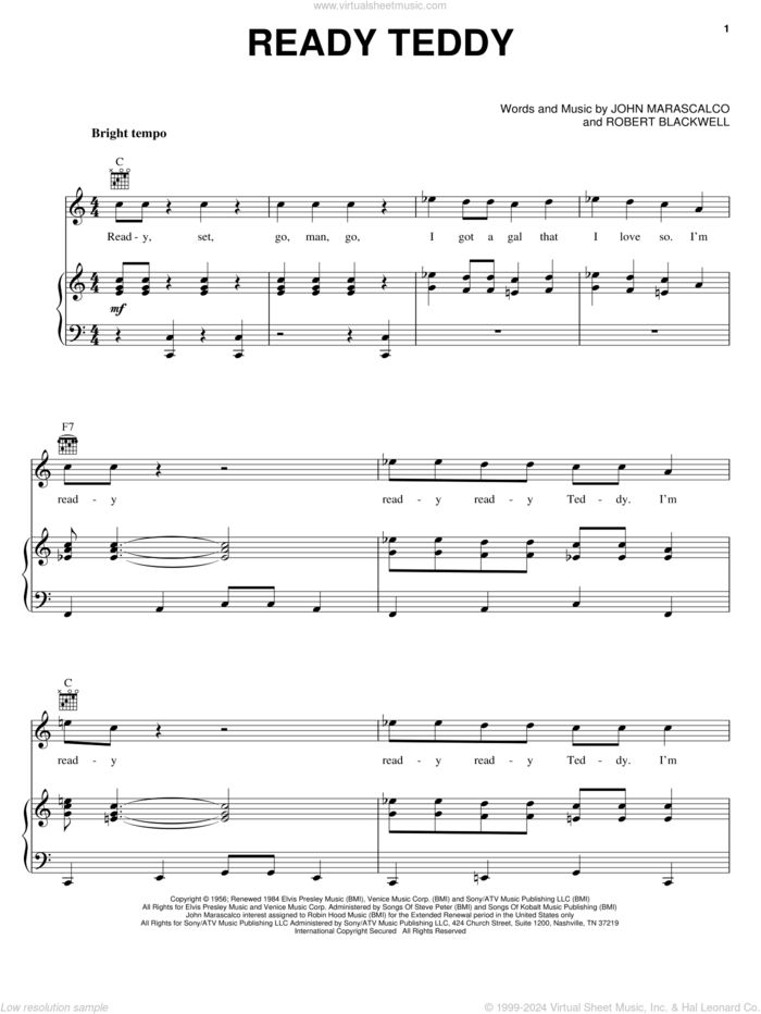 Ready Teddy sheet music for voice, piano or guitar by Elvis Presley, Little Richard, John Marascalo and Robert Blackwell, intermediate skill level