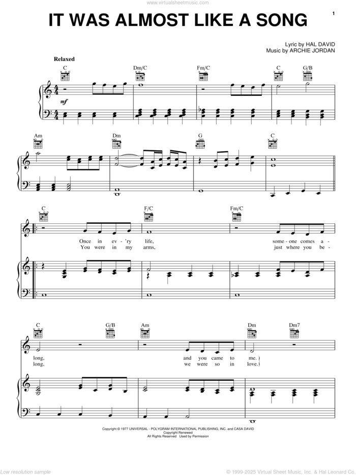 It Was Almost Like A Song sheet music for voice, piano or guitar by Ronnie Milsap, Archie Jordan and Hal David, intermediate skill level