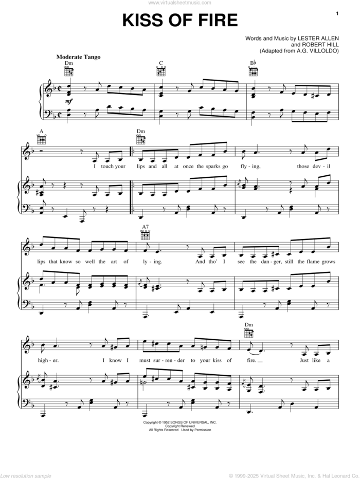 Kiss Of Fire sheet music for voice, piano or guitar by Georgia Gibbs, Louis Armstrong, Lester Allen and Robert Hill, intermediate skill level