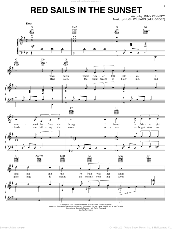 Red Sails In The Sunset sheet music for voice, piano or guitar by Hugh Williams and Jimmy Kennedy, intermediate skill level
